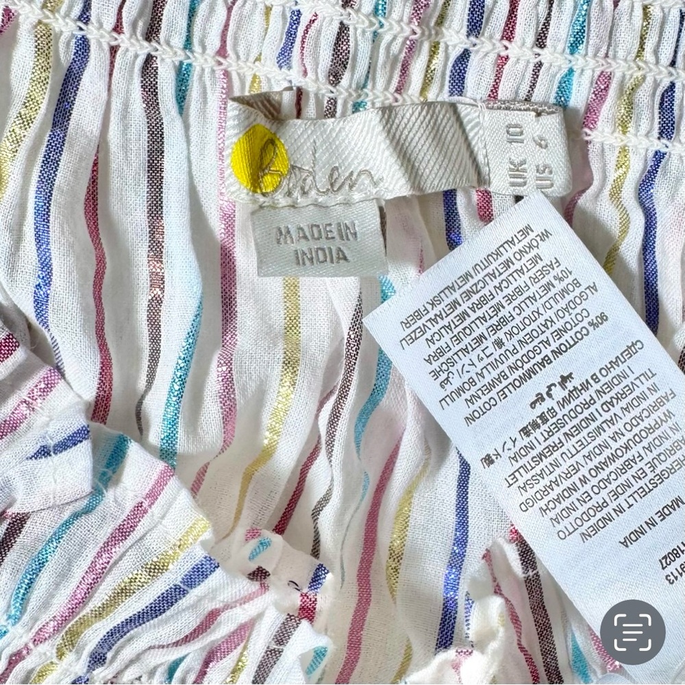 Boden Metallic Colorful Stripe Off The Shoulder Smocked 3/4 Sleeve Peasant Top S - Picture 11 of 13